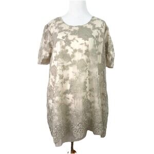 Pretty Angel Top Womens Large Tunic Ivory Beige Lined Lace Embroidered Linen
